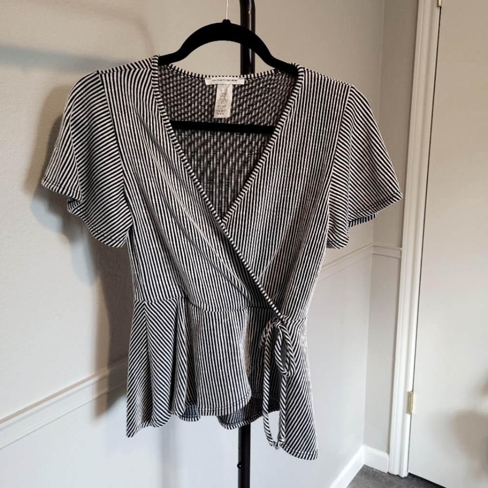 Caution To The Wind Black and White Striped Peplum Wrap Tie Front Blouse